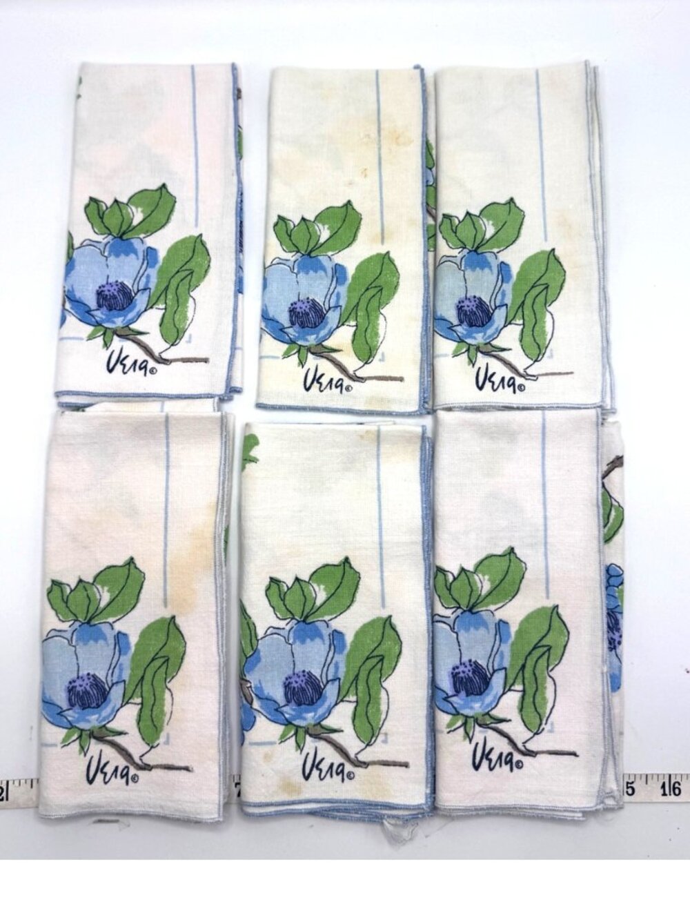 Vintage Vera Neumann Blue Floral Cloth Cotton Napkins Set 6 16x16 Minor Stains W